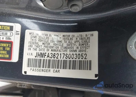 2007 Honda Civic Hybrid z USA, uszkodzony, nr VIN JHMFA36217S003052